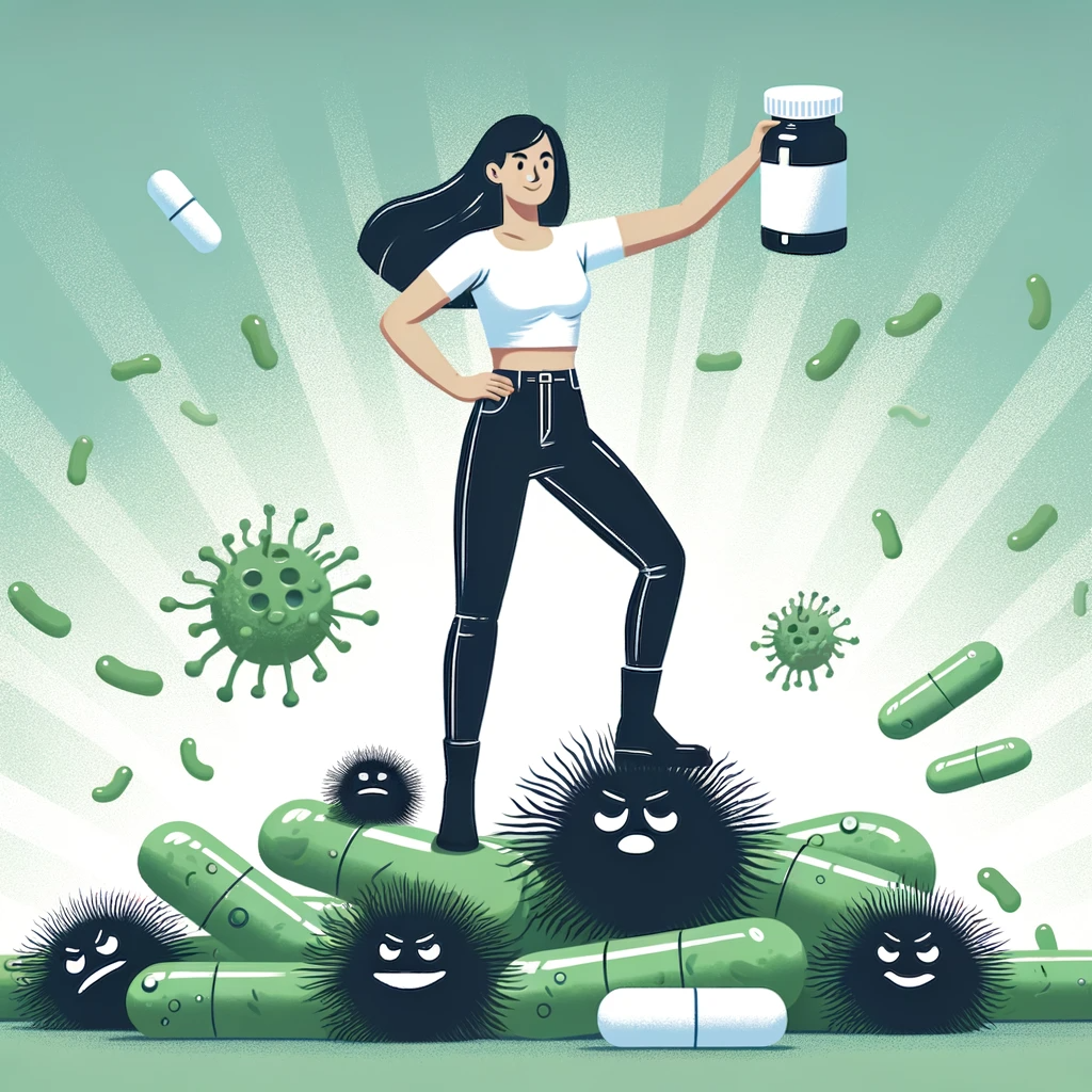 DALL·E 2023 10 26 14.50.51 Illustration of a woman confidently standing atop defeated bacteria that lay motionless on the floor. In her hand she proudly holds a bottle of healt
