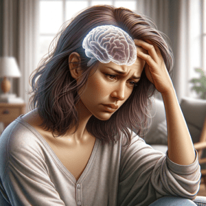 DALL·E 2024 01 17 19.21.21 A photo realistic illustration of a woman in her 40s. She appears to be feeling unwell holding her head in discomfort. The woman has medium length ha