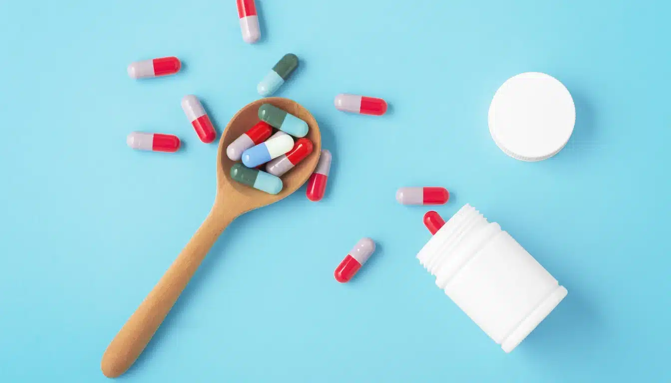 antibiotics on a wooden spoon and bottle