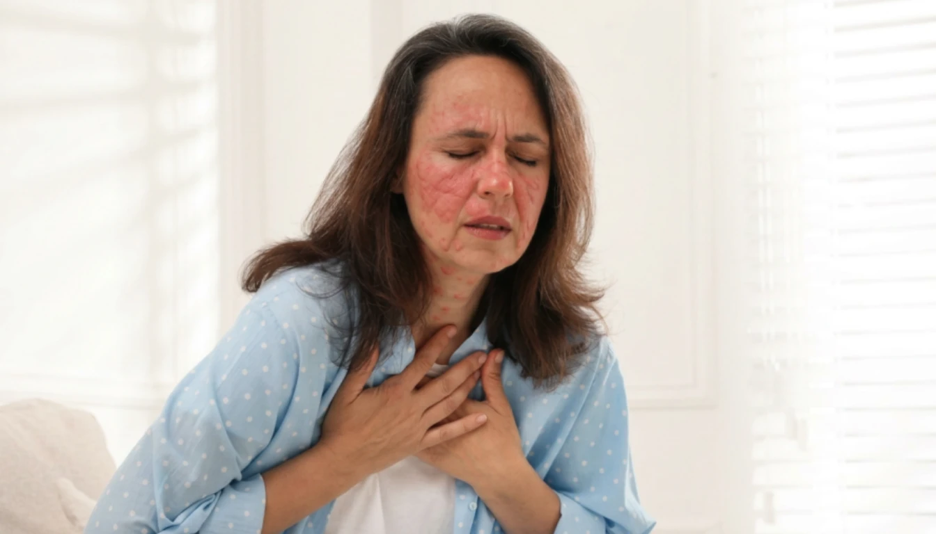 woman experiencing shortness of breath and hives