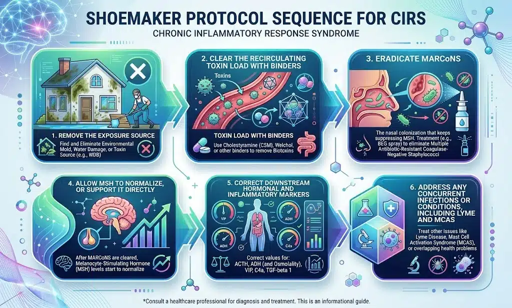 Shoemaker protocol sequence for CIRS (exposure removal, binders, MARCoNS, hormone restoration, Lyme/MCAS overlap)