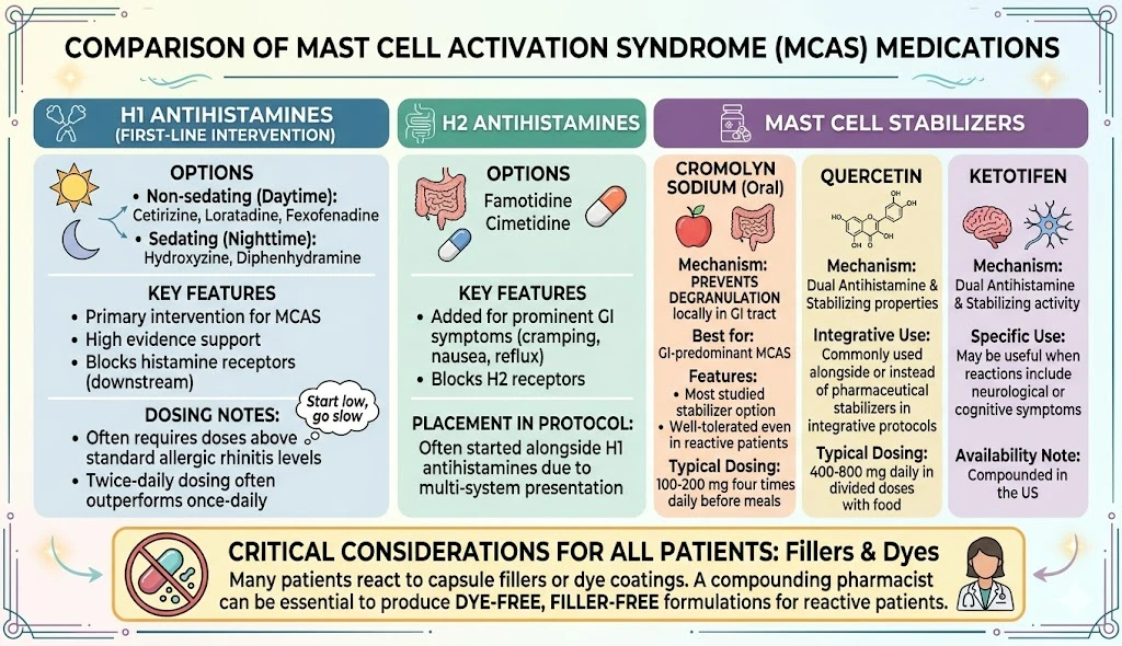 Visual comparison chart of MCAS medications: H1 antihistamines, H2 antihistamines, and mast cell stabilizers including cromolyn sodium and quercetin