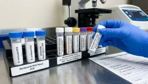 Specialty lab vials for Bartonella testing including PCR and FISH panels used by a Lyme disease specialist