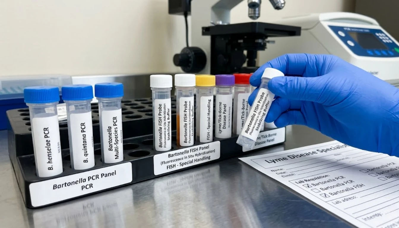 Specialty lab vials for Bartonella testing including PCR and FISH panels used by a Lyme disease specialist
