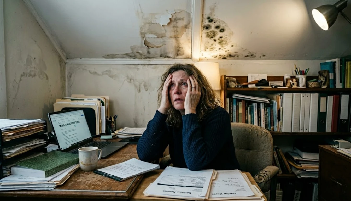 Woman sitting at a desk looking overwhelmed with visible water damage on the ceiling above her, illustrating mold-driven anxiety from a biotoxin perspective