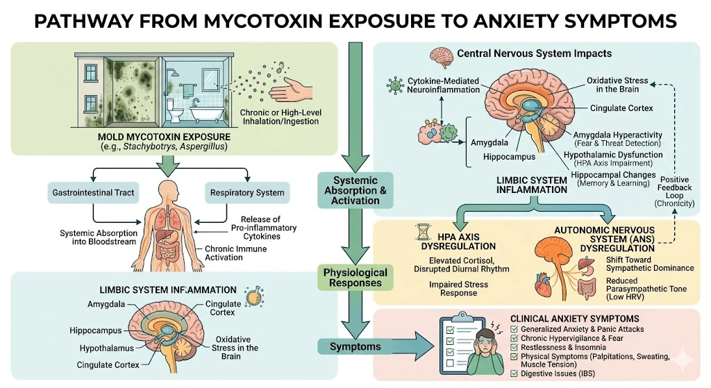 Diagram showing the pathway from mold mycotoxin exposure through limbic system inflammation to autonomic nervous system dysregulation and anxiety symptoms