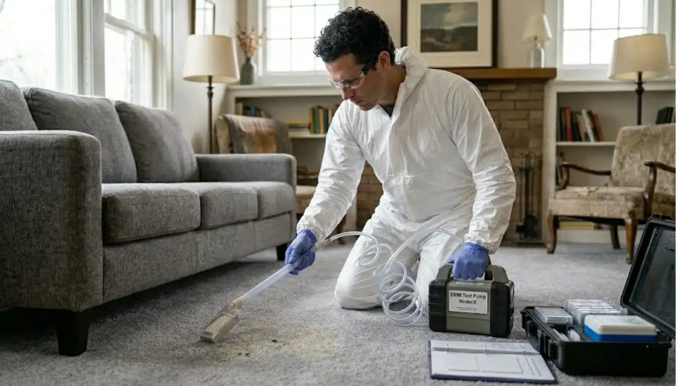person conducting an ERMI test on the carpet