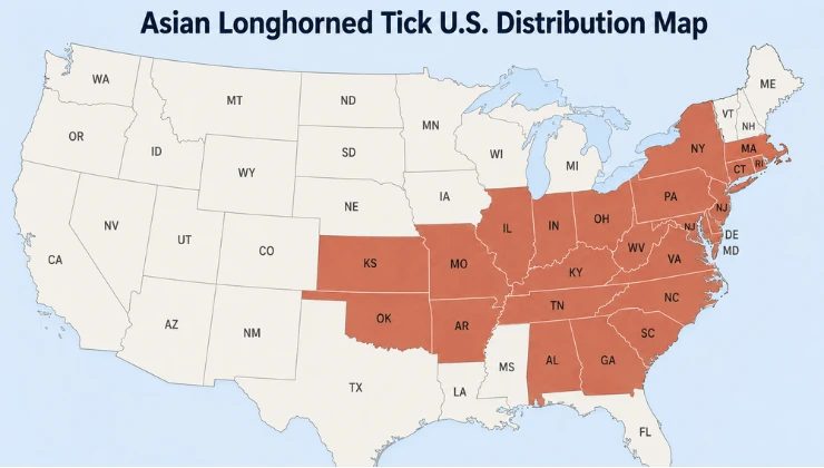 Asian longhorned tick U.S. distribution map