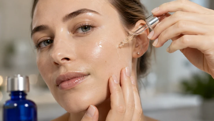 GHK-Cu copper peptide topical serum being applied to facial skin, illustrating collagen and skin-repair use