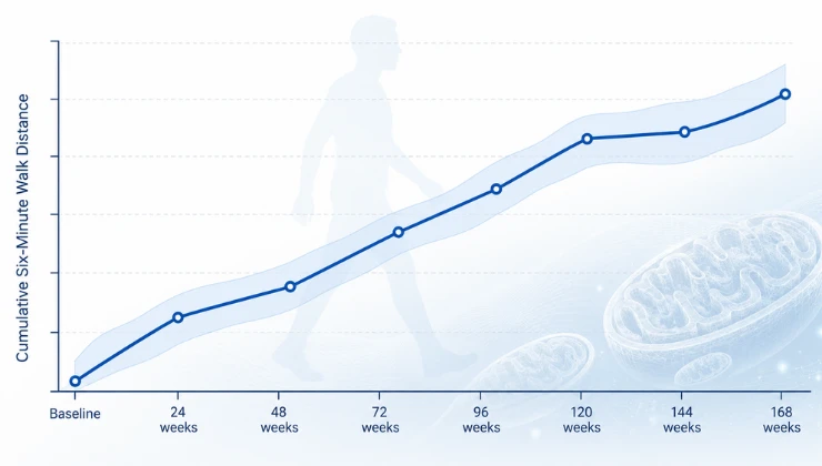 Line chart showing cumulative six-minute walk distance improving over the 168-week TAZPOWER open-label extension in Barth syndrome patients