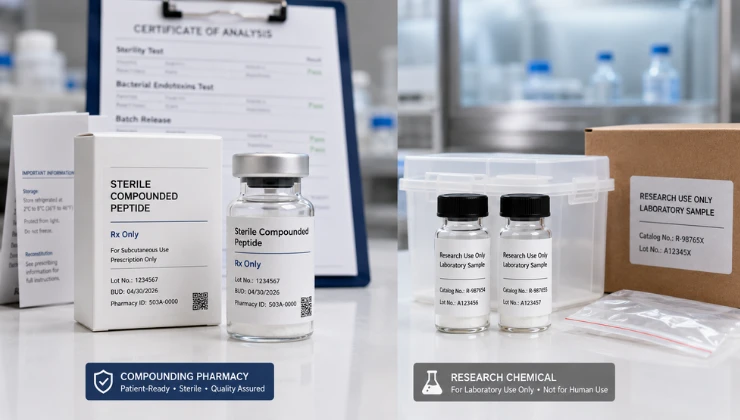 Side-by-side comparison of a research-chemical vial versus a compounding-pharmacy peptide