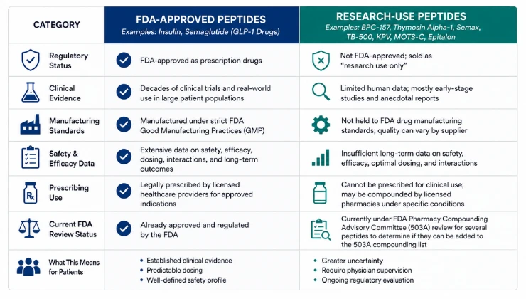 Chart comparing FDA-approved peptides like insulin and GLP-1 drugs against research-use peptides pending 503A review