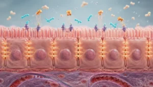 Larazotide blocking the zonulin receptor