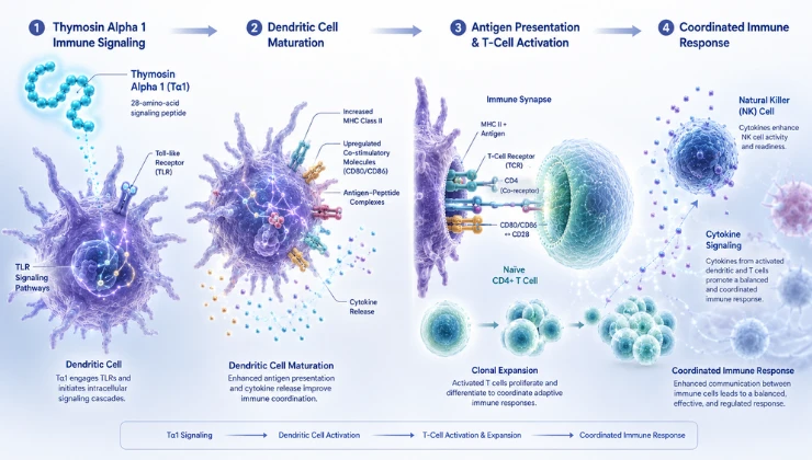 Diagram showing thymosin alpha 1 binding dendritic cell receptors to activate T-cell immune response