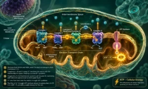 A scientific illustration of a mitochondrion inside a cell showing the electron transport chain, representing cellular energy production