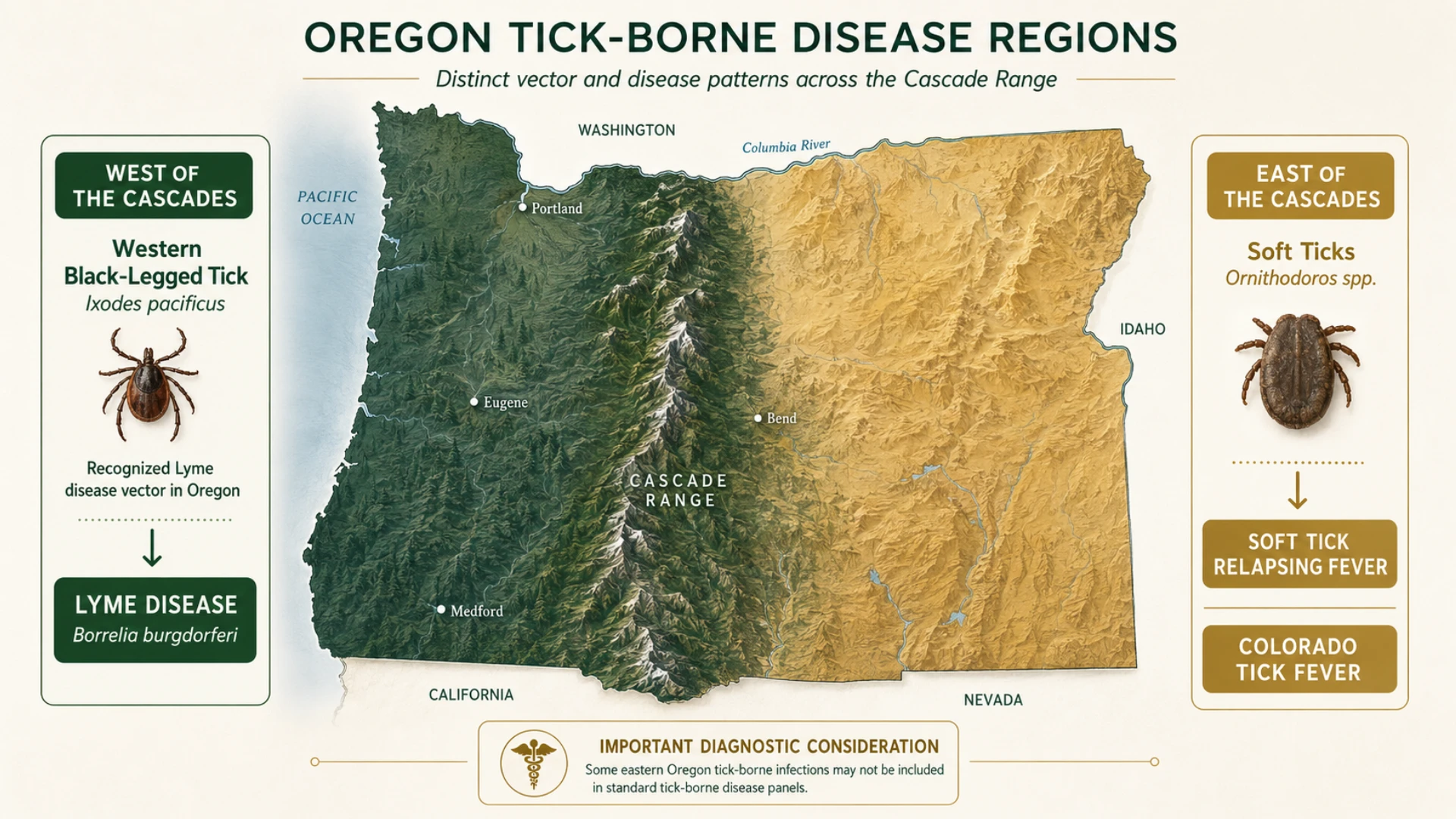 Map of Oregon showing the Cascade Mountain range dividing the state, with the western black-legged tick region to the west and the soft tick relapsing fever region to the east