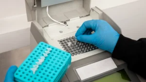 A laboratory PCR instrument with sample tubes