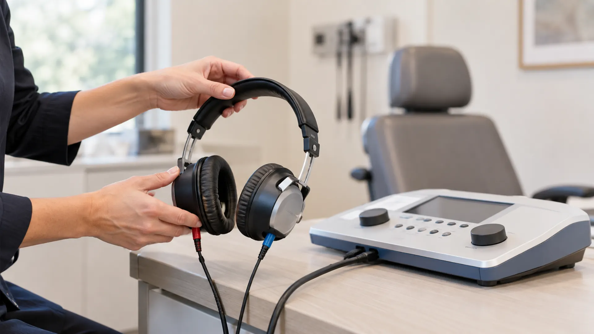 clinician adjusting audiology testing equipment in a calm exam room