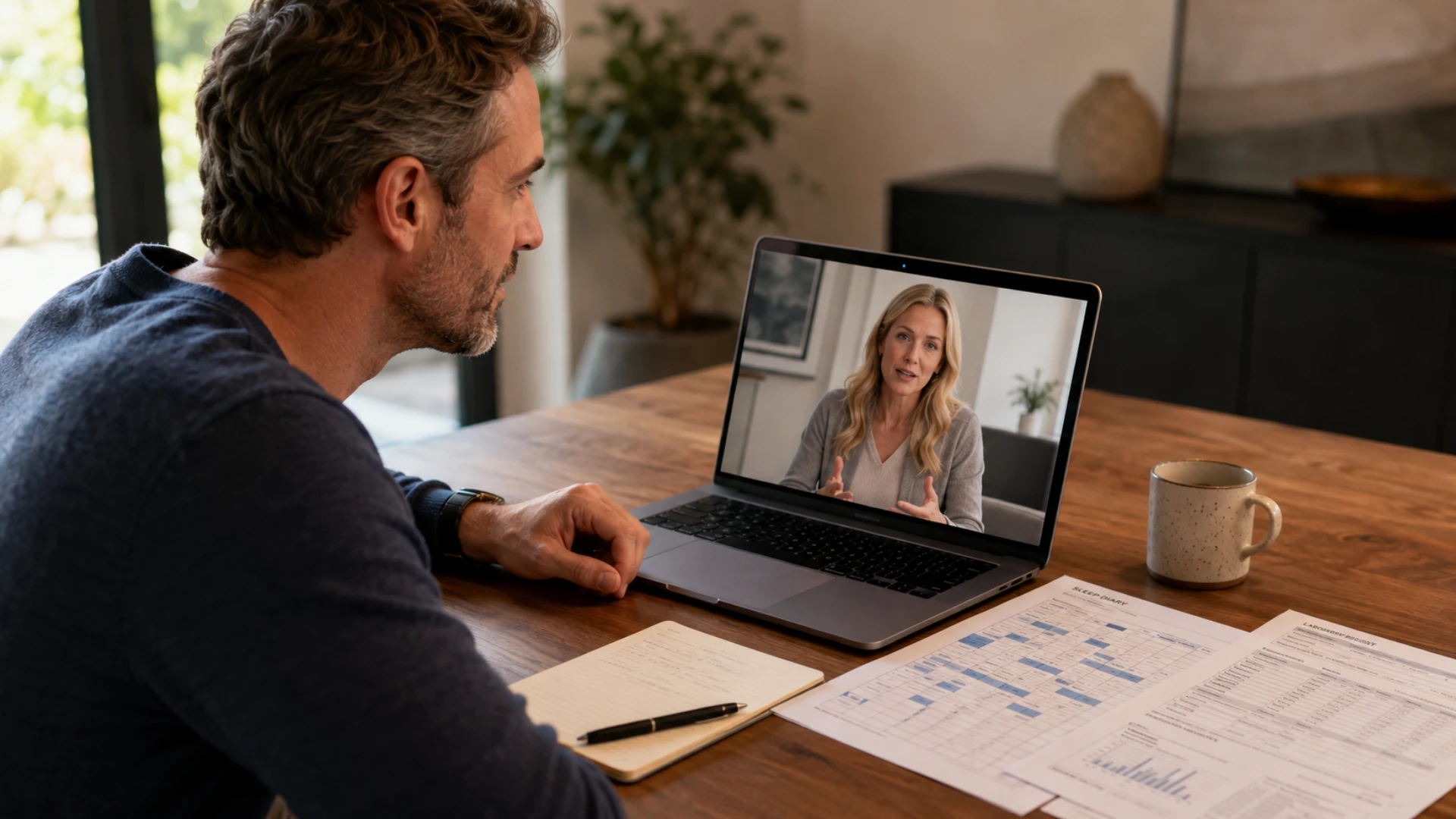 A clinician and patient reviewing a sleep diary and lab results together during a telehealth appointment on a laptop screen