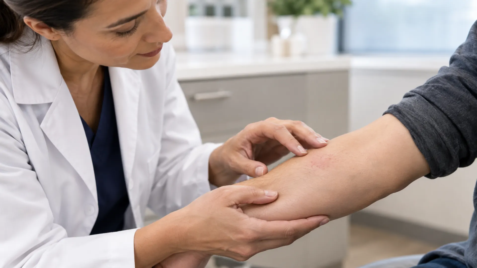clinician examining a skin rash on a forearm