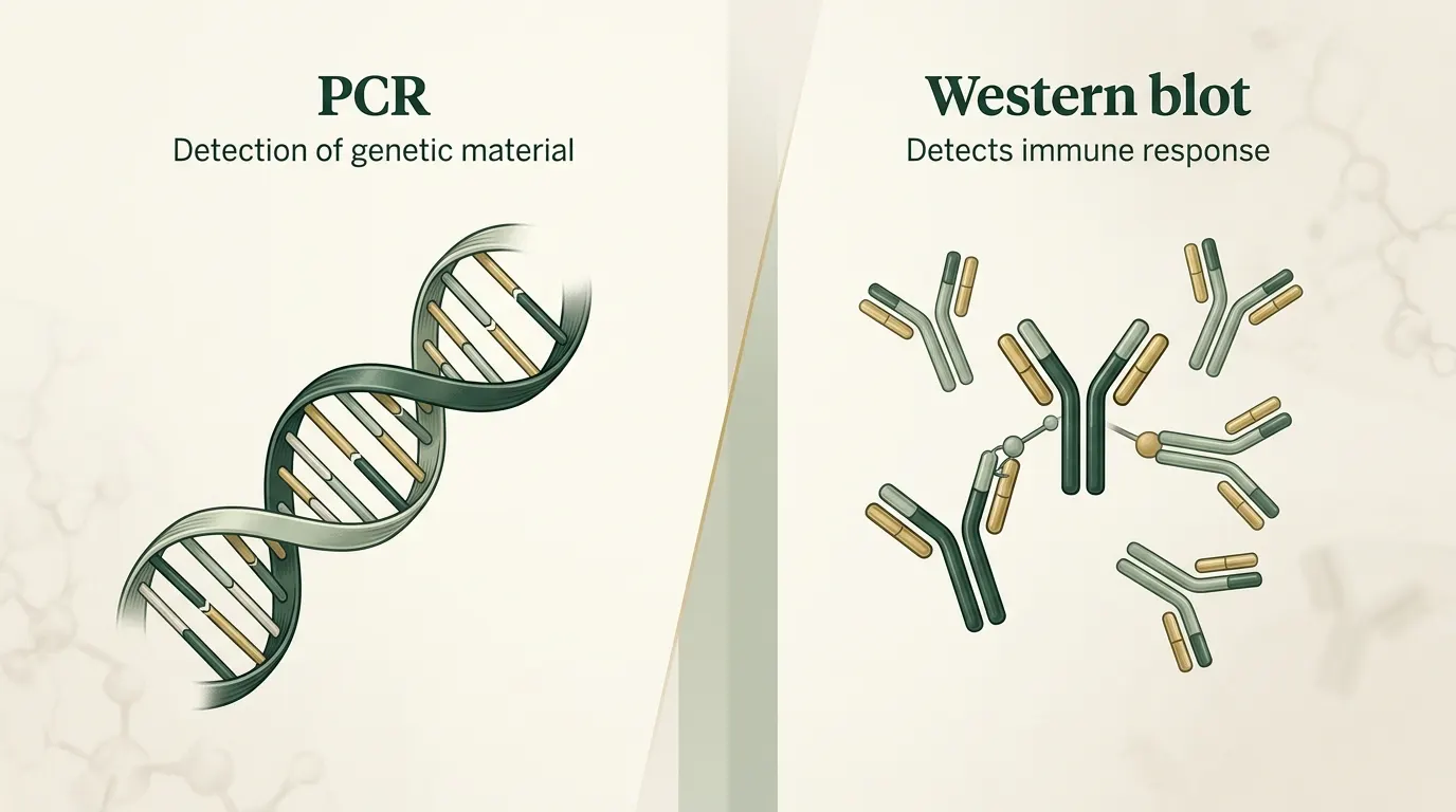 Illustration comparing a DNA strand from a PCR test for Lyme disease with Y-shaped antibodies from a Western blot