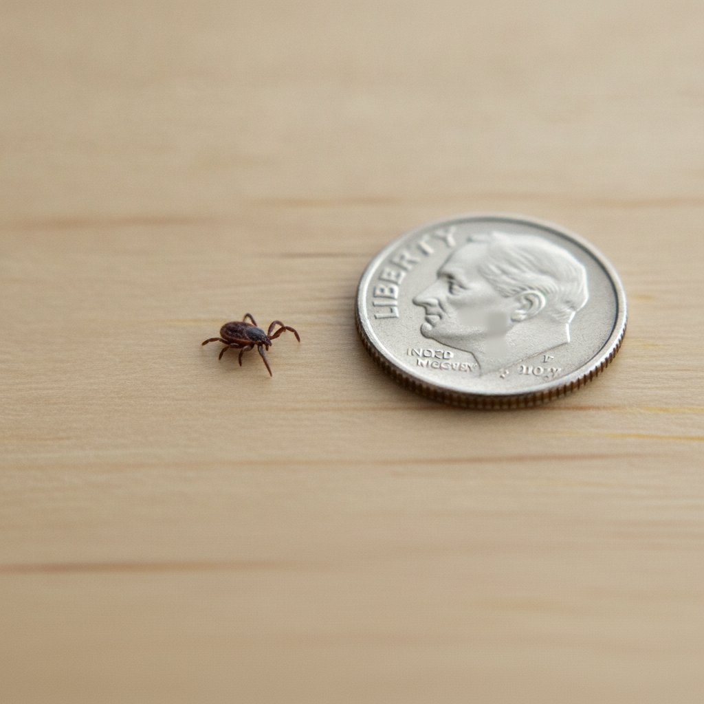 A blacklegged tick nymph shown at actual size next to a US dime for scale