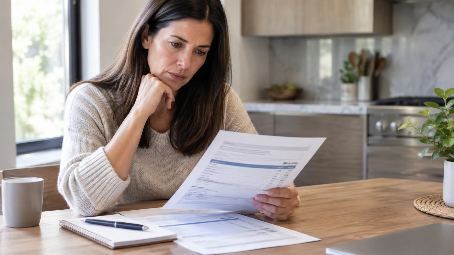 patient reviewing a printed treatment cost estimate at a kitchen table