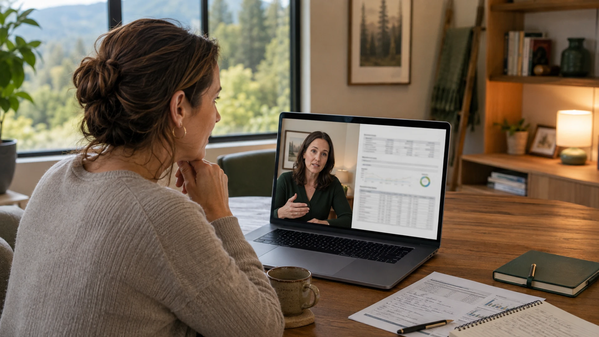 A patient at home in Oregon on a telehealth video consultation with a clinician, reviewing lab results together on screen