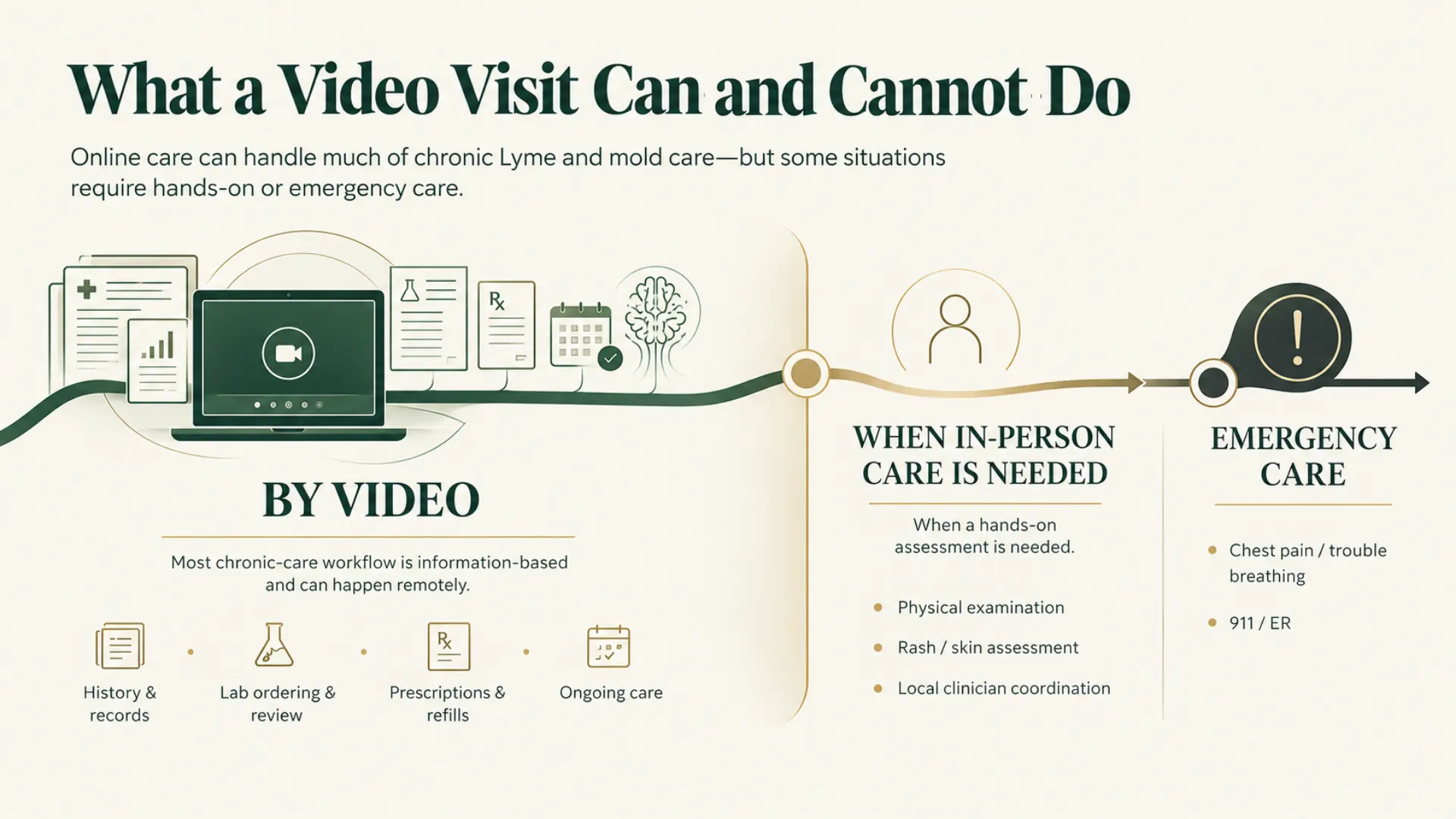 Comparison chart of what an online functional medicine doctor can and cannot do by video for Lyme disease and mold illness