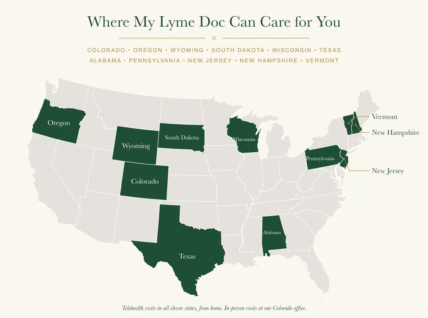Map of the eleven states where My Lyme Doc sees patients by telehealth