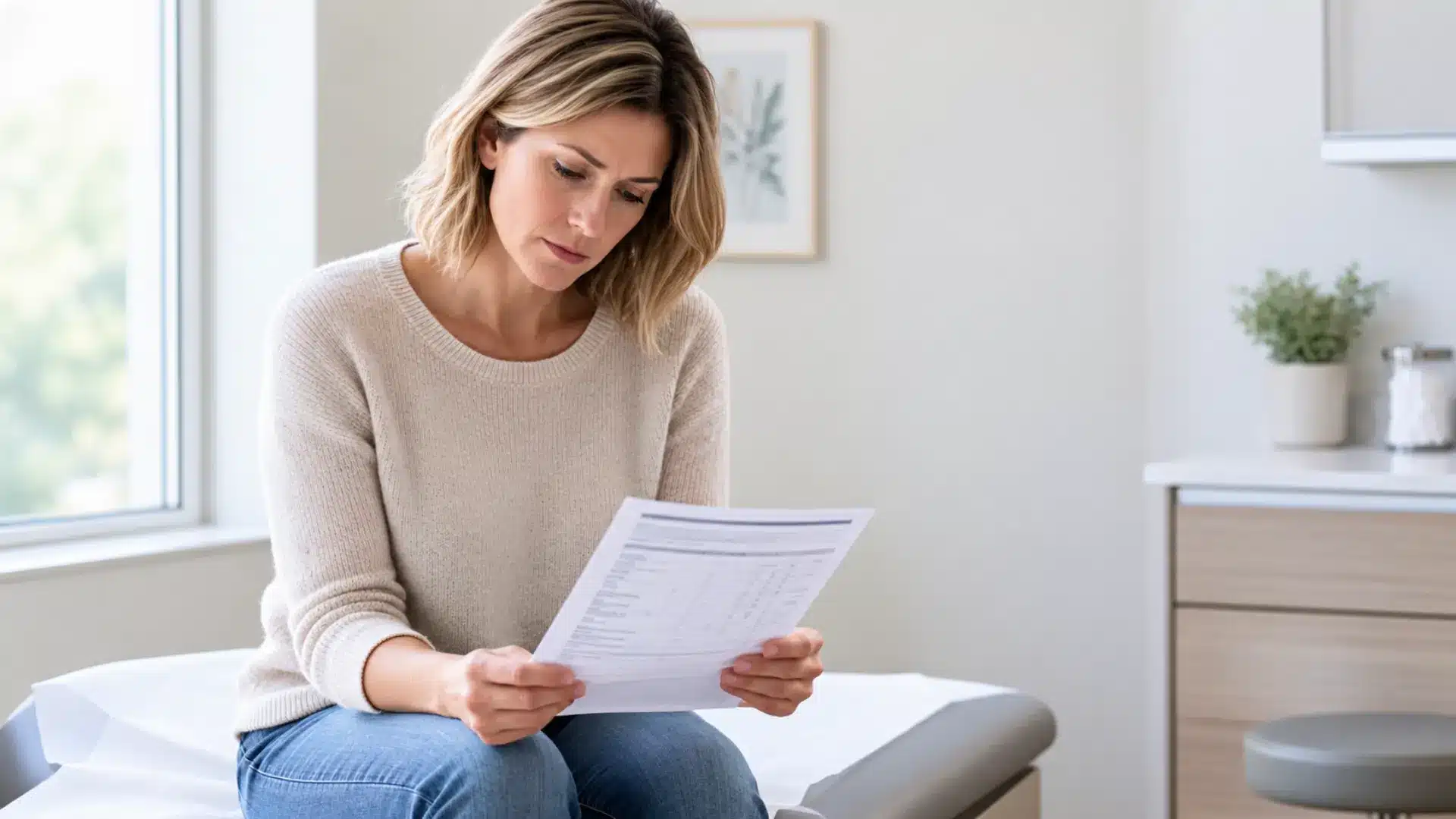 A woman sitting on an exam table looking at a printed lab report with a tired, uncertain expression