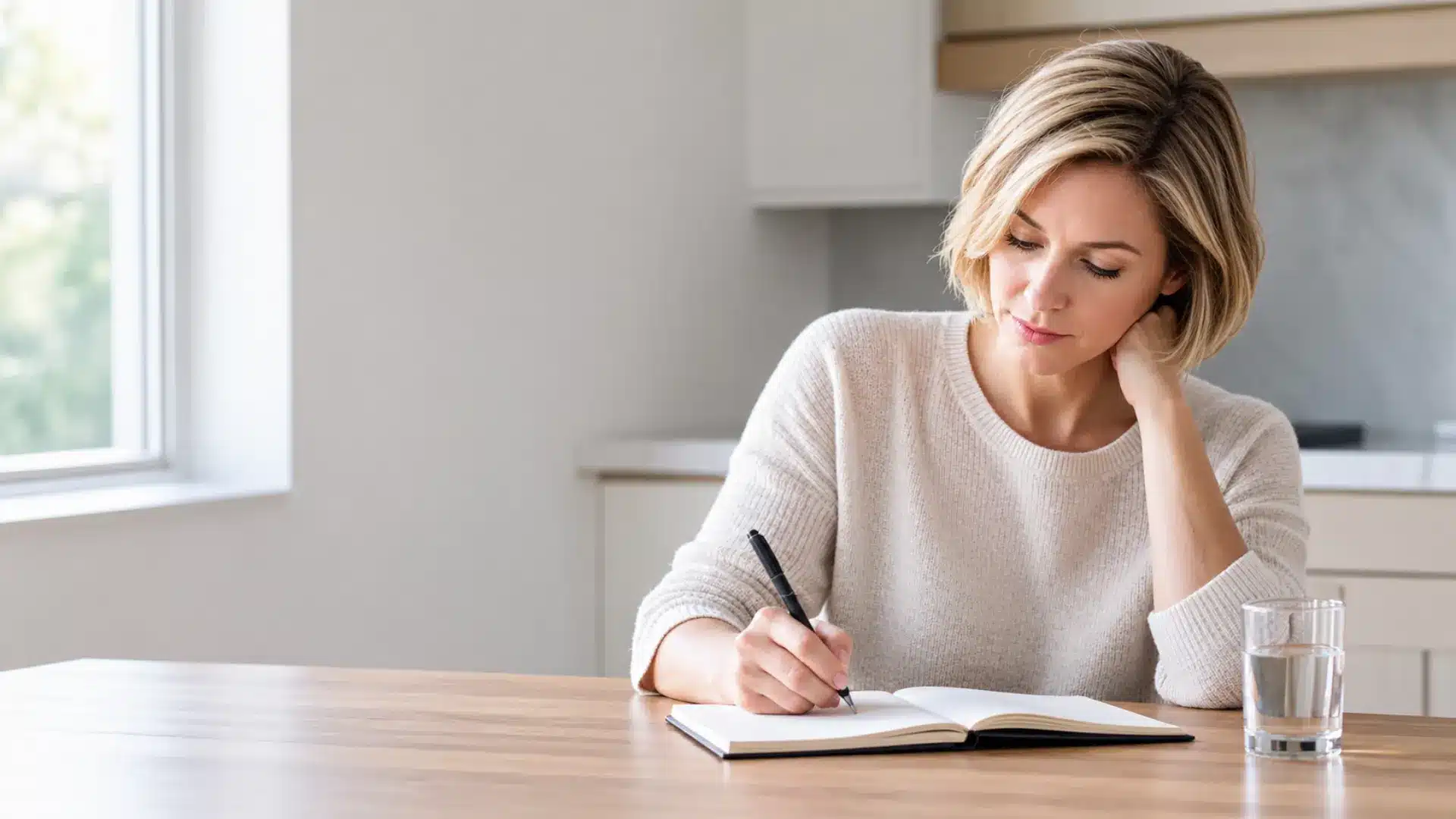 a woman writing notes in a symptom journal at a kitchen table with a glass of water nearby