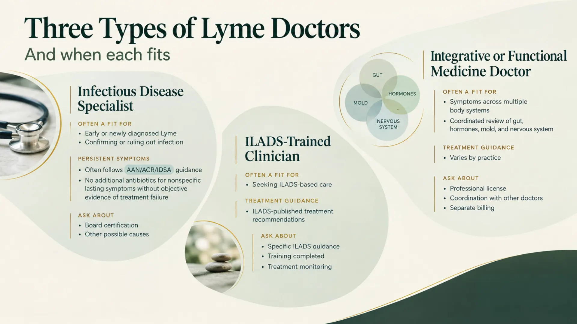 Side-by-side comparison of three Lyme doctor types and the guidance each follows