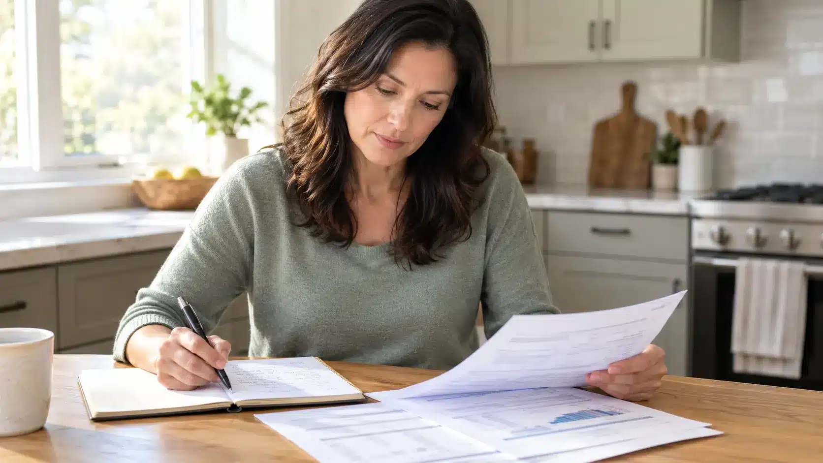 Woman at a kitchen table reviewing lab results with a notebook and a pen