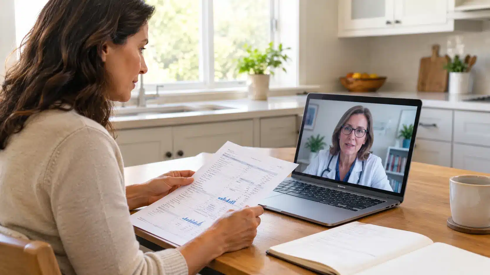 Doctor and patient on a video call, patient holding printed lab results