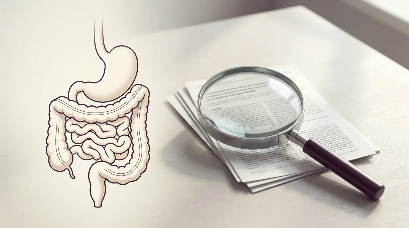 A simple chart-style illustration of a gut outline beside a magnifying glass over research papers
