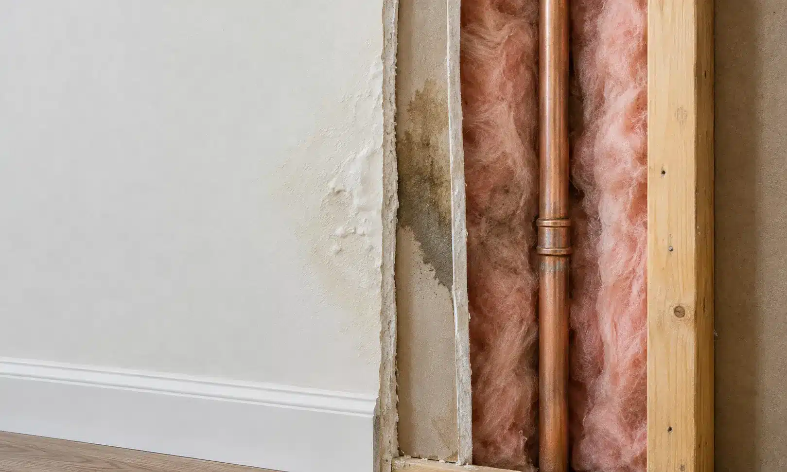 Cutaway illustration of a wall showing a pipe, drywall, insulation, and a damp patch behind the paint that can cause hidden mold in walls