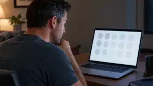 Man seated at a laptop in a dimly lit room viewing rows of faint gray striped circles on the screen for VCS test for mold
