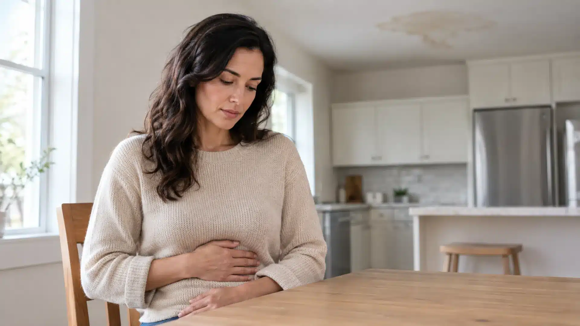 A woman sitting at a kitchen table holding her stomach, with a faint water stain visible on the ceiling behind her, soft natural light