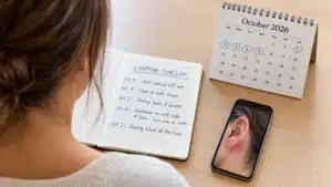at a kitchen table with a handwritten symptom timeline, a calendar, and a phone showing a rash photo, warm natural light